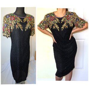 VTG Stenay Silk beaded & sequins cocktail floral Midi dress 8 Y2K Preppy Golden
